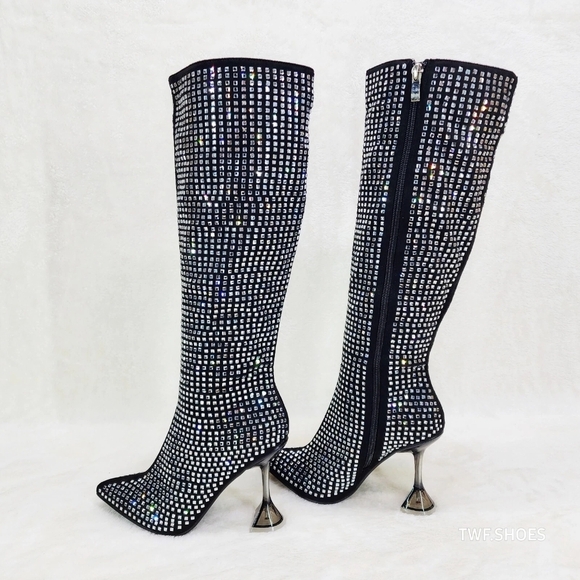 Black and Silver Rhinestone Knee-High Boots - Picture 7 of 9